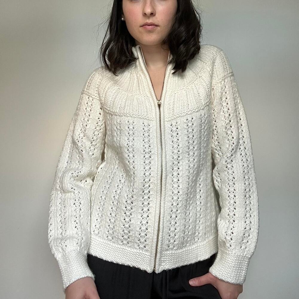 TALBOTS White chucky open knit zip up cotton cotton blend sweater S -Beard Dicky